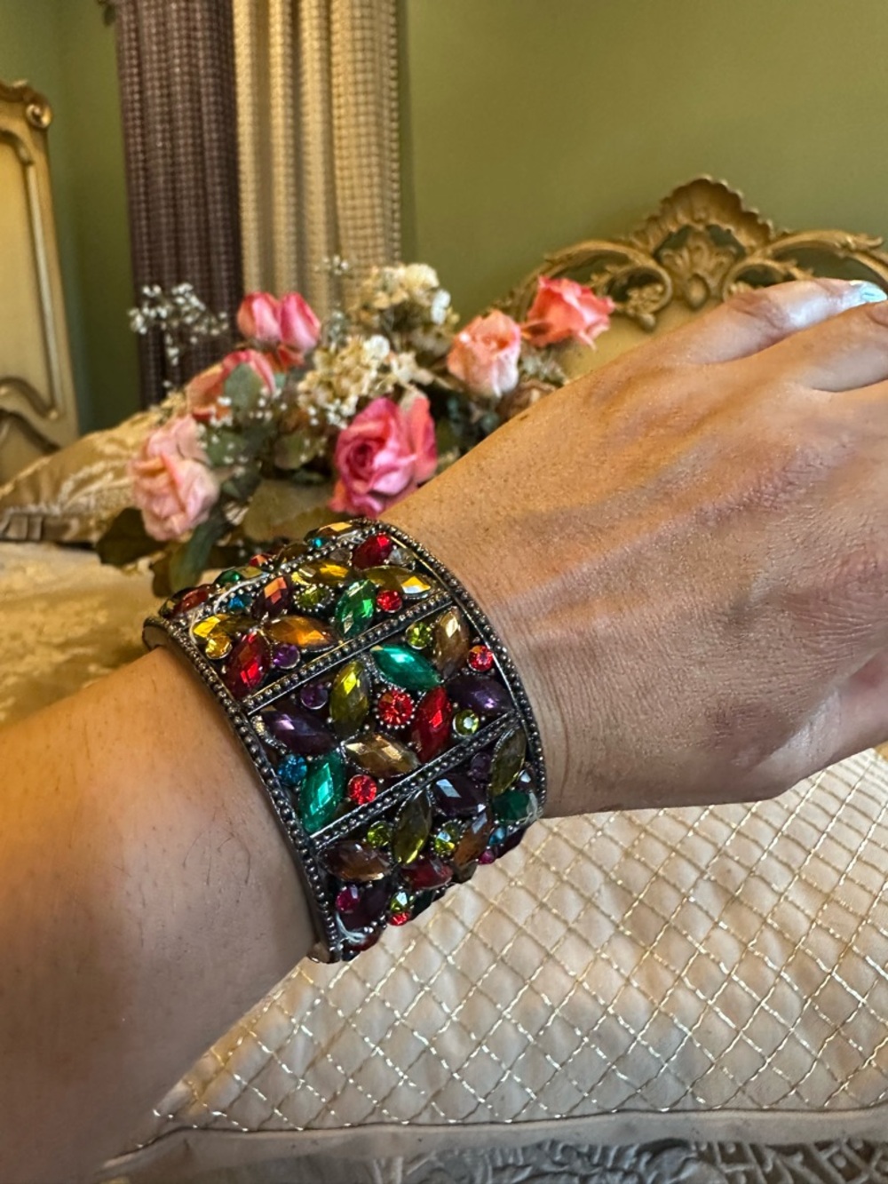 Multicolor Jeweled Wide Statement Cuff Bracelet